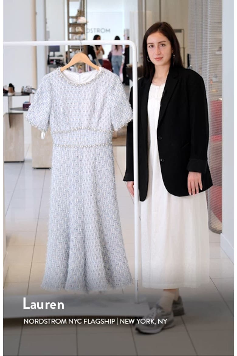 Short Sleeve Beaded Trim Boucle Midi Dress