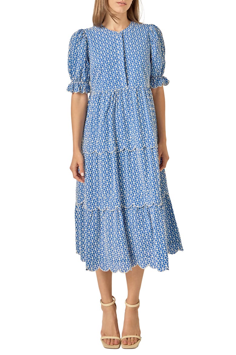 Scalloped Print Cotton Midi Dress
