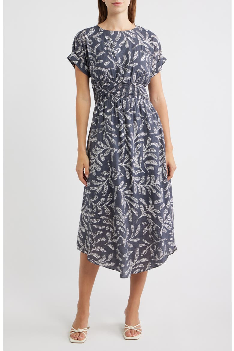 Leaf Print Smock Waist Midi Dress