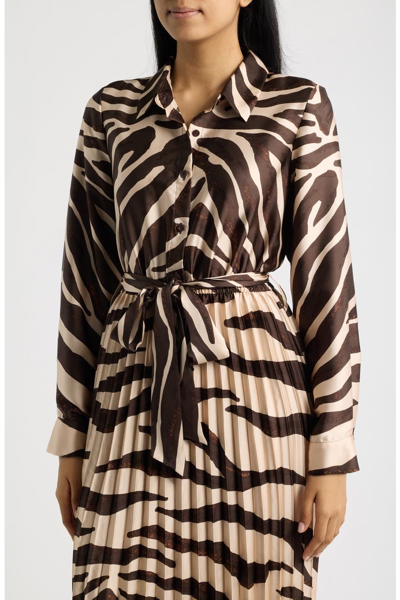 Zebra Print Long Sleeve Pleated Maxi Shirtdress