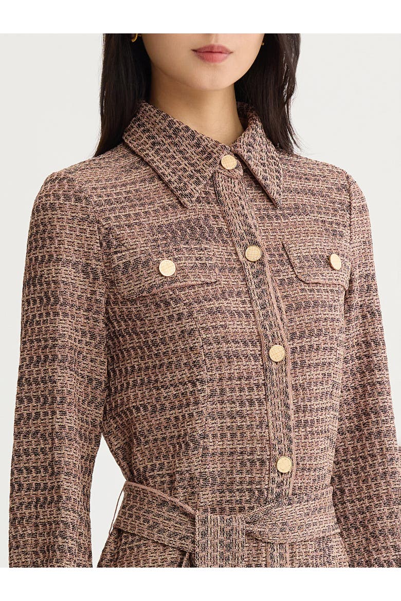Belted Button Front Tweed Knit Midi Dress