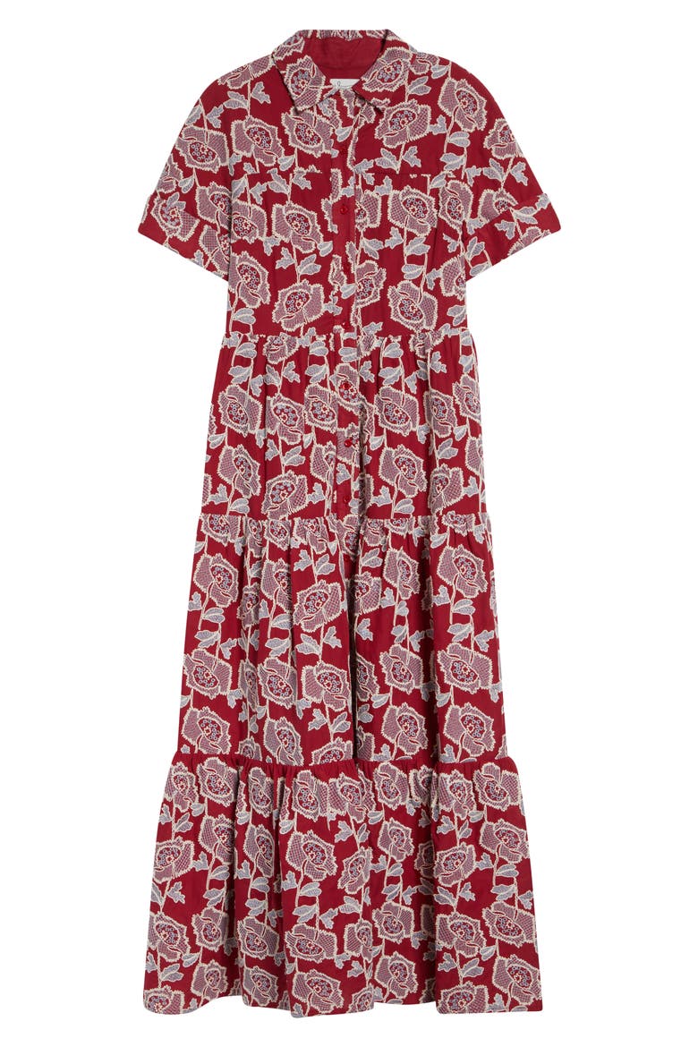 Floral Embroidered Tiered Cotton Blend Midi Shirtdress