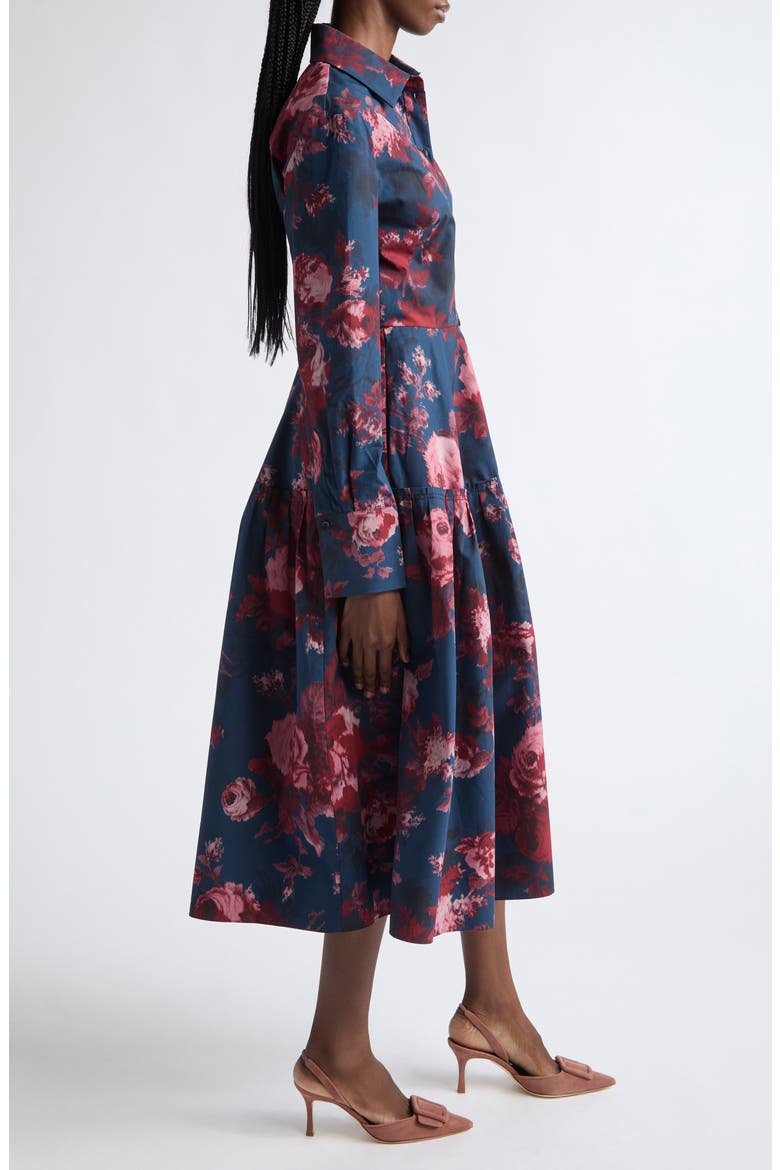 Floral Long Sleeve Organic Cotton Poplin Midi Shirtdress