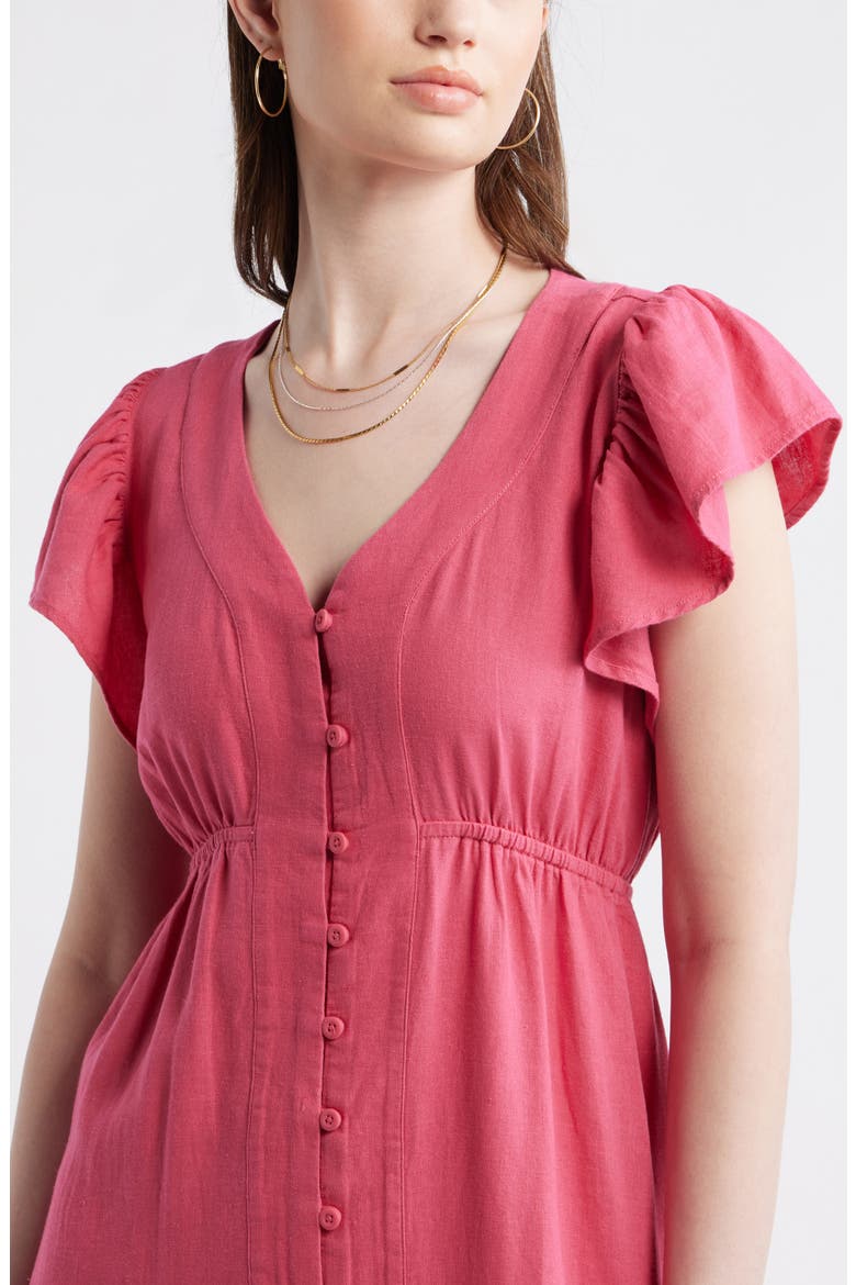 Short Sleeve Button Down Linen Blend Midi Dress