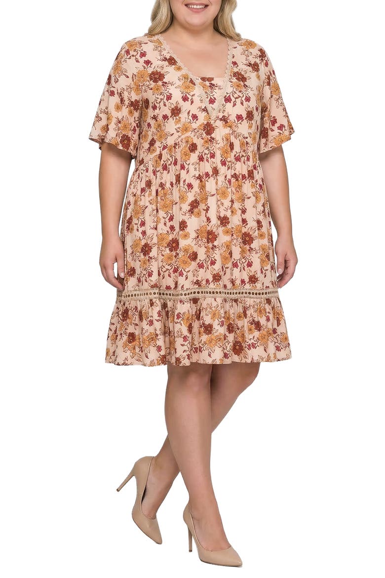Floral Print Crochet Lace Trim Dress