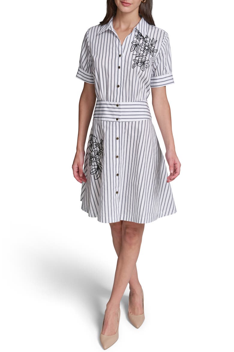 Floral Embroidery Detail Stripe Cotton Shirtdress
