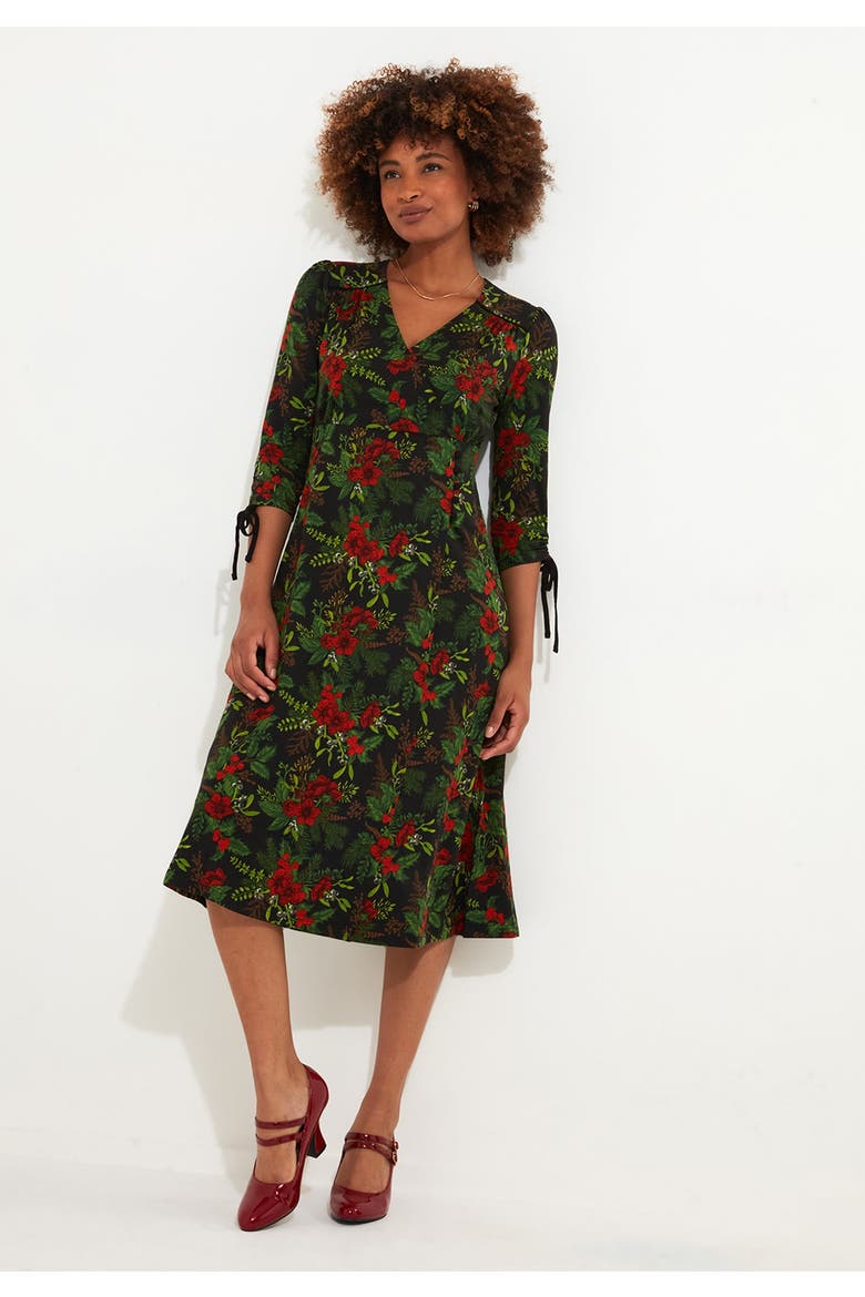 Stretch Knit Faux Wrap Midi Dress
