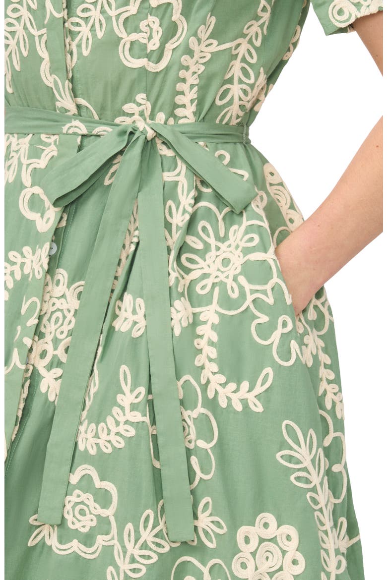 Camile Embroidered Tie Waist Midi Shirtdress