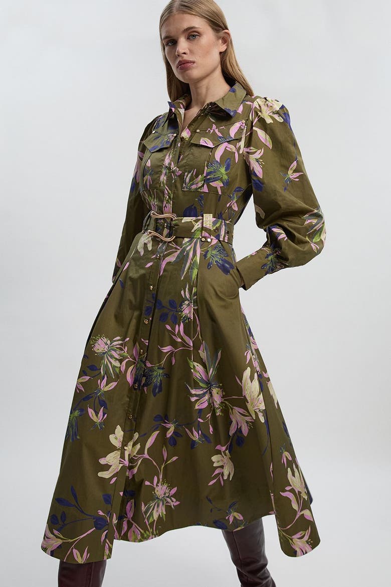 Floral Cotton Sateen Midi Shirt Dress