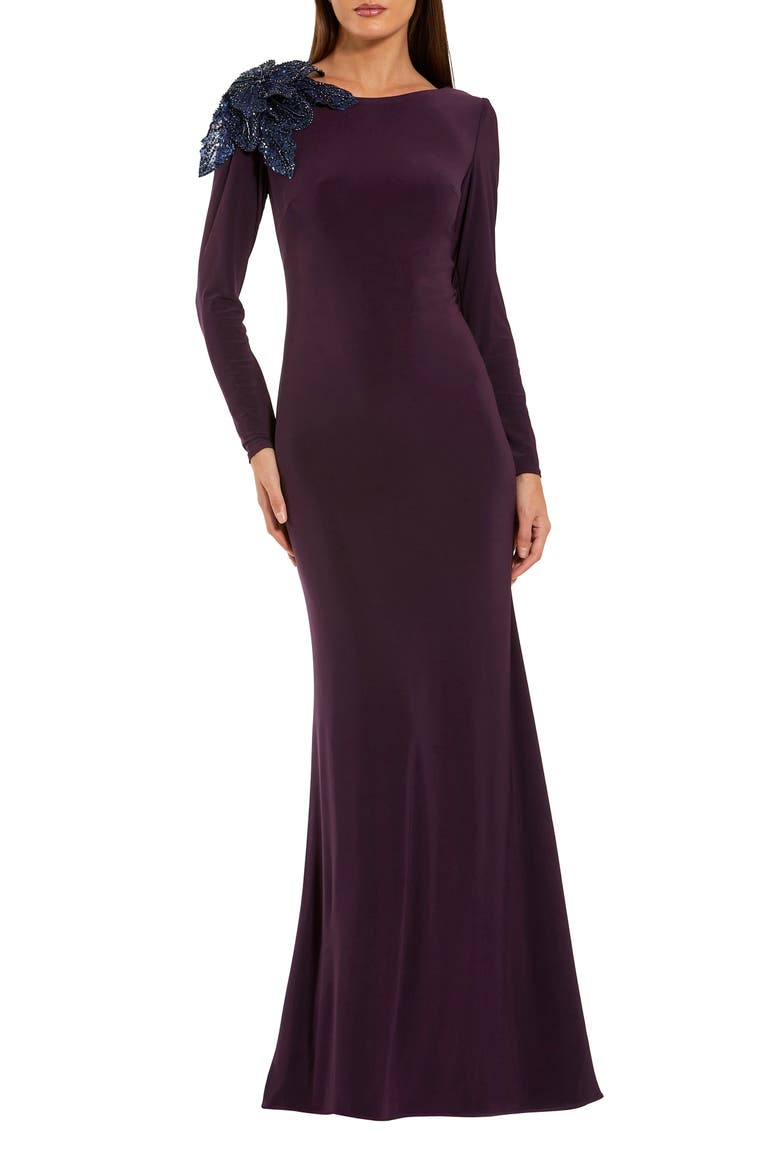 Floral Appliqué Long Sleeve Column Gown