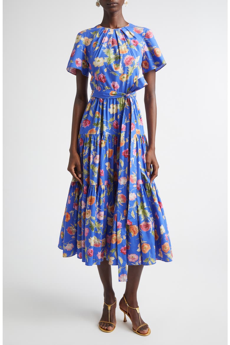 Poppy Print Tiered stretch Cotton Midi Dress