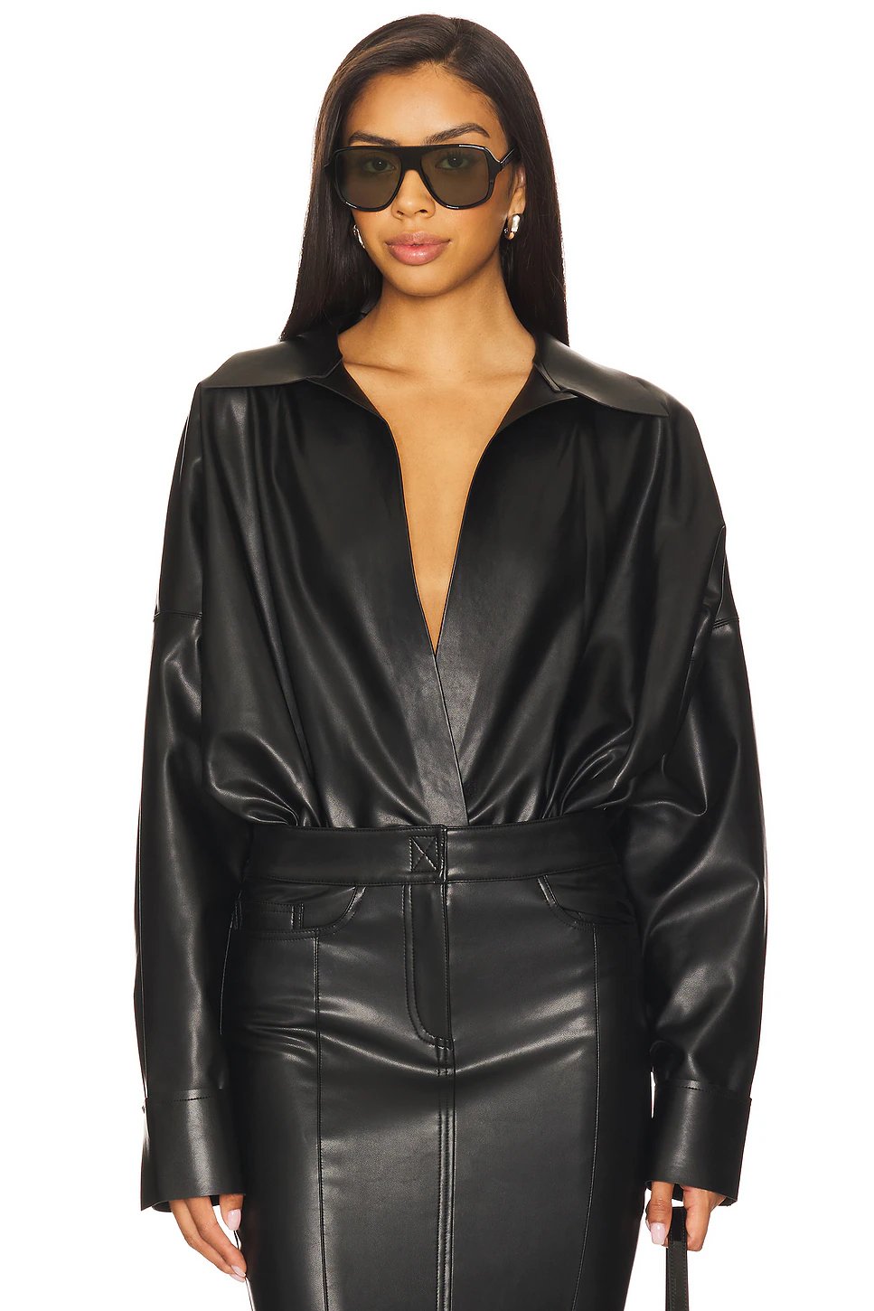 Super Oversized Boyfriend NK Shirt Bodysuit in Black - Image 1