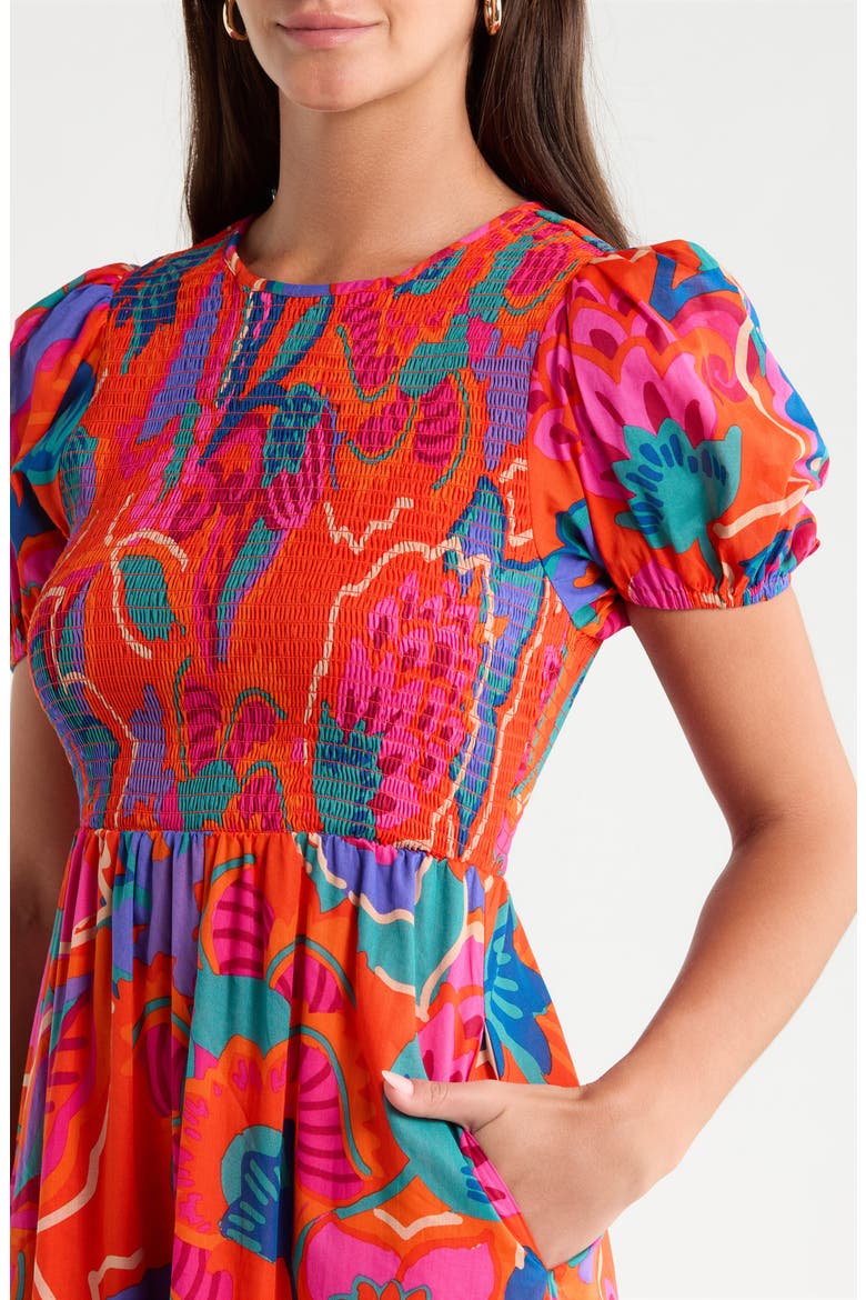 Kahlia Tropics Aruba Smocked Cotton Midi Dress