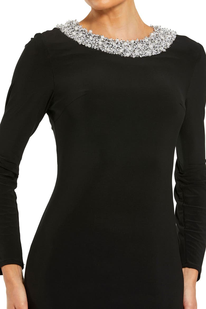 Jersey Long Sleeve Fitted Gown With Beaded Neck