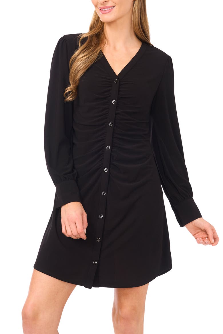 Shirred Front Button Long Sleeve Dress