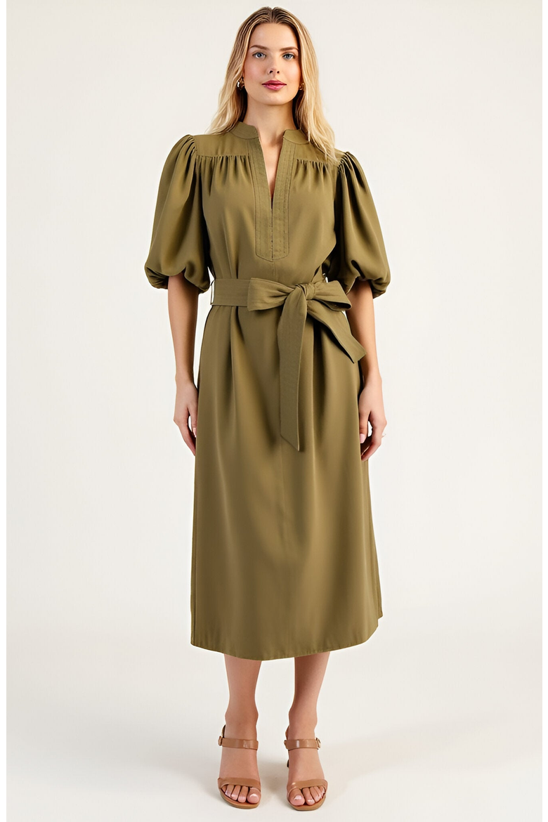 Belted Midi Dress with Puff Elbow Sleeves and Keyhole Neckline