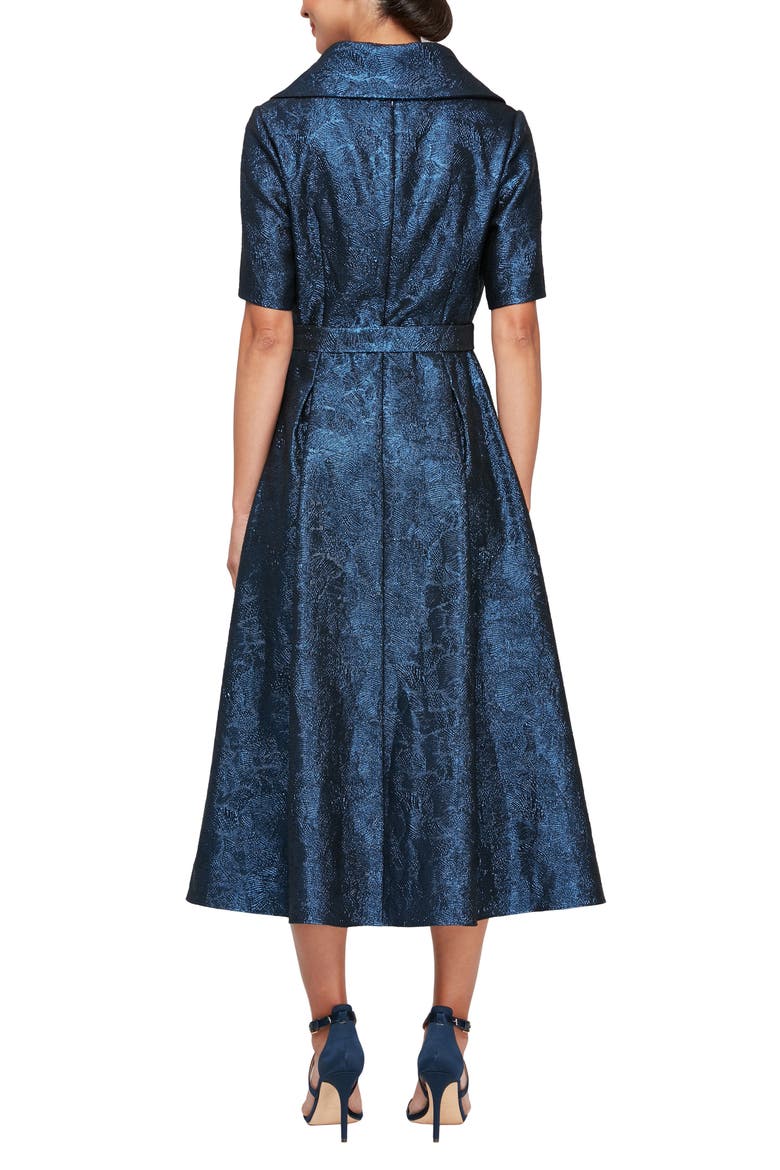 Metallic Jacquard Portrait Collar Cocktail Midi Dress