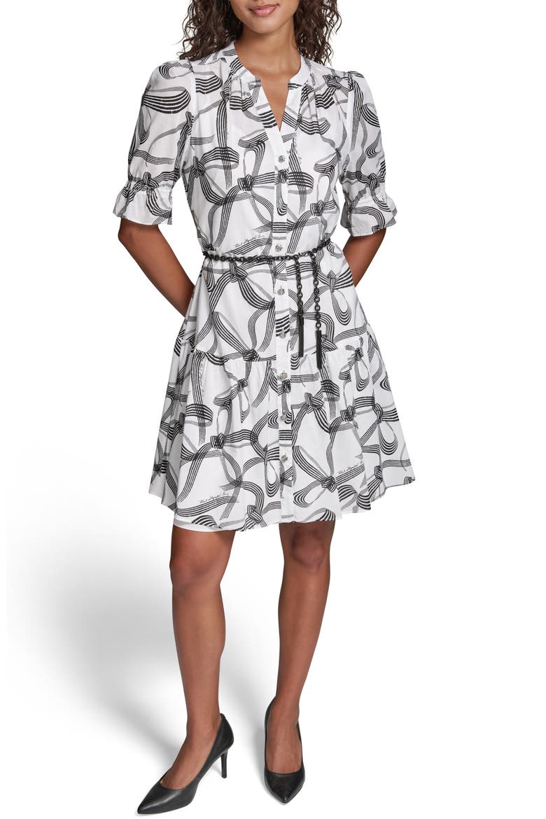 Ribbon Print Belted Cotton Shirtdress