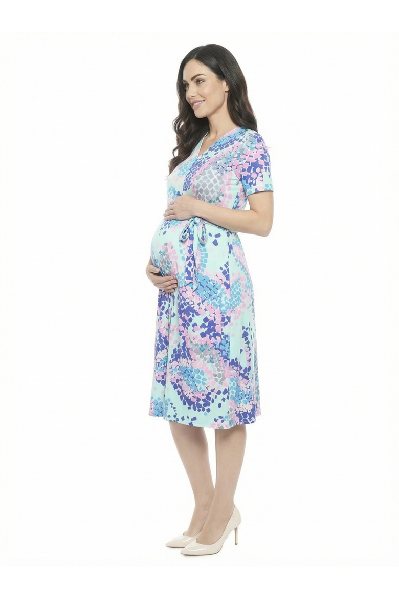 Maternity Abstract V-Neck Short Sleeve A-Line Midi Dress