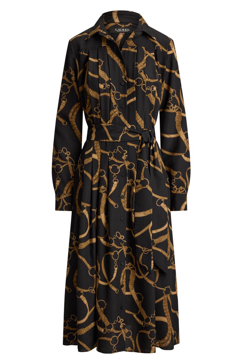 Belt Print Long Sleeve Crêpe de Chine Midi Shirtdress