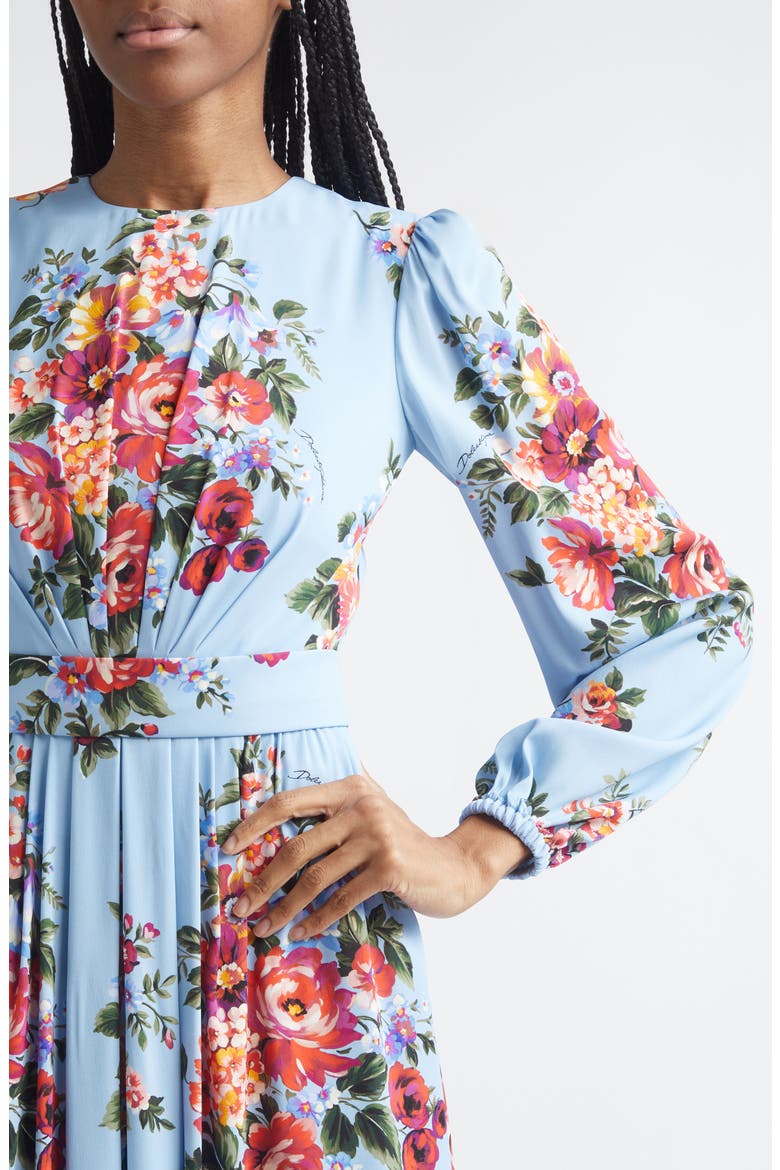 Flower Bouquet Print Long Sleeve Charmeuse Gown