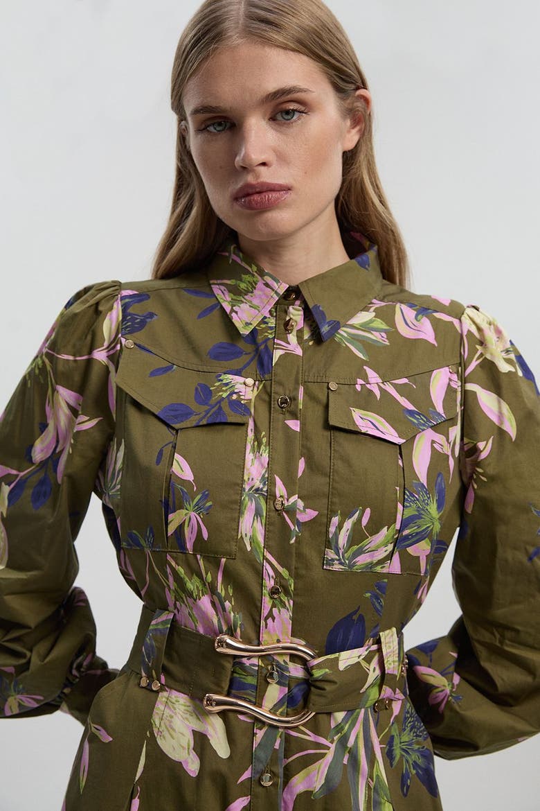 Floral Cotton Sateen Midi Shirt Dress