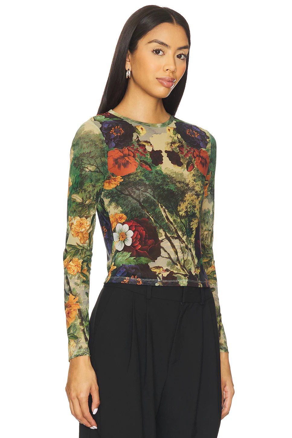 Alice + Olivia Delaina Printed Mesh Long Sleeve Crop Top in Forbidden Forest - Image 2