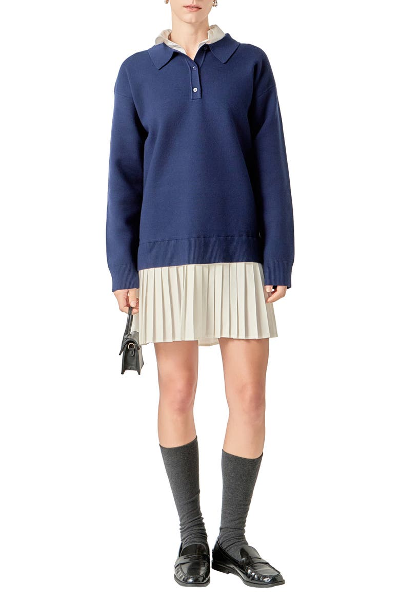 Long Sleeve Mixed Media Polo Minidress