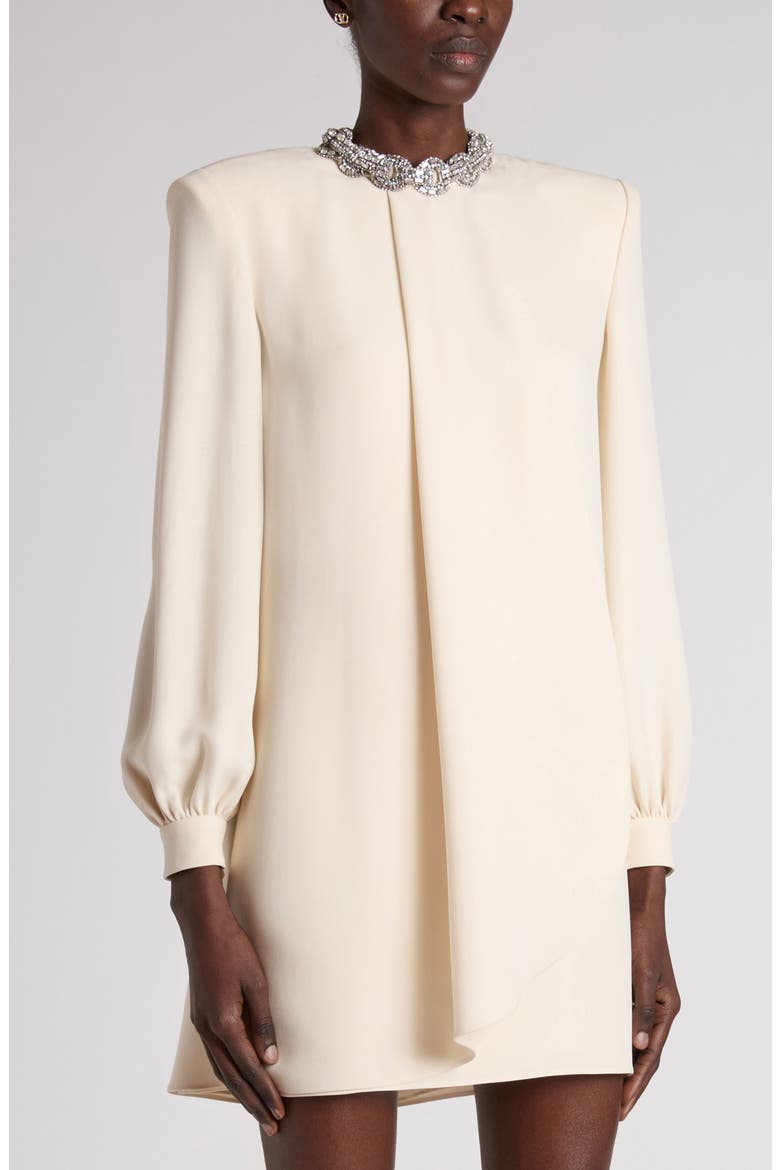 Rhinestone Embellished Long Sleeve Silk Cady Minidress