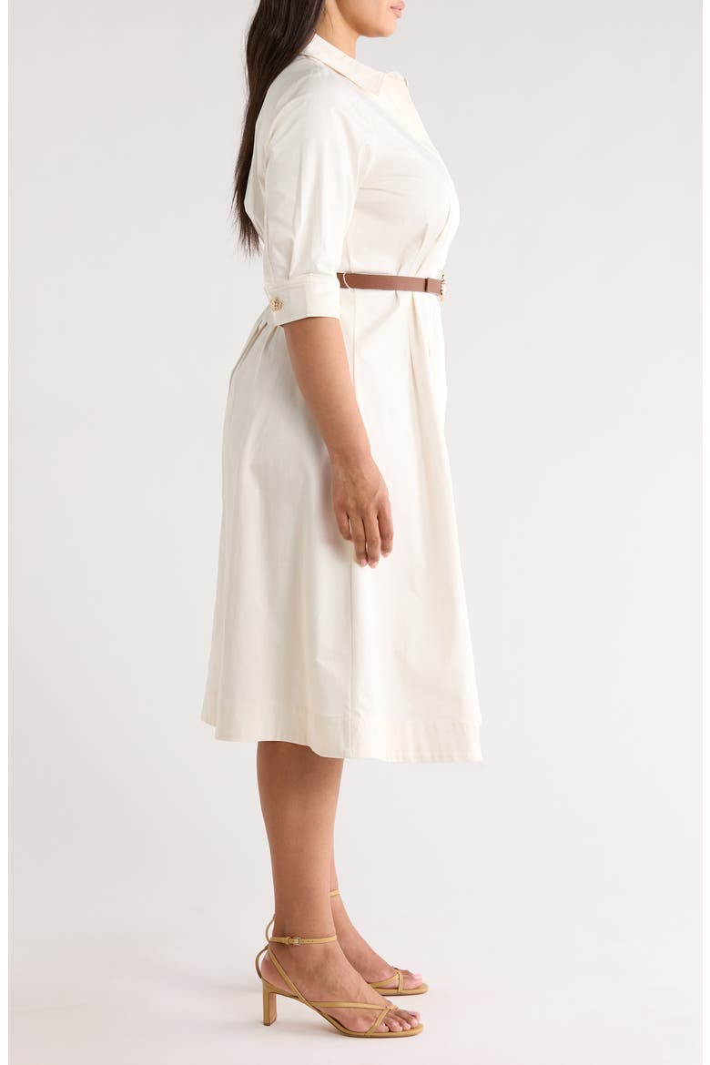 Belted Elbow Sleeve Stretch Cotton Sateen Shirtdress