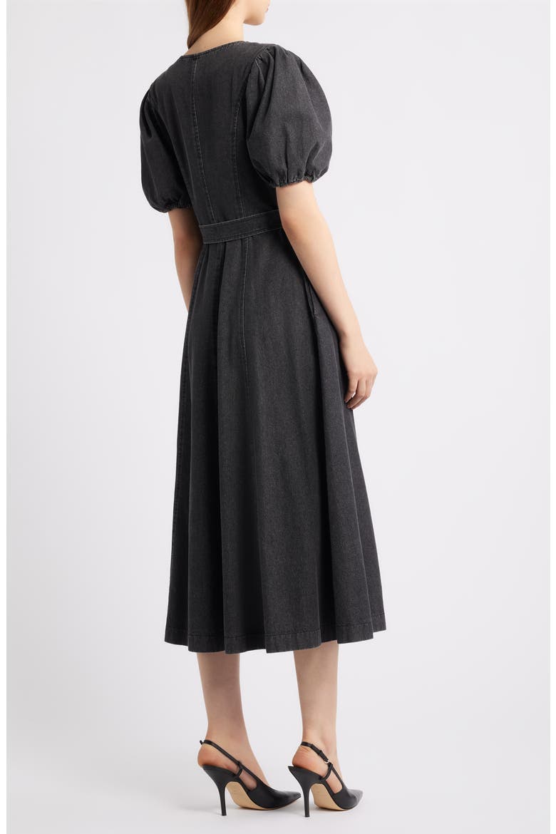 Puff Sleeve Belted Cotton Blend Denim Shirtdress