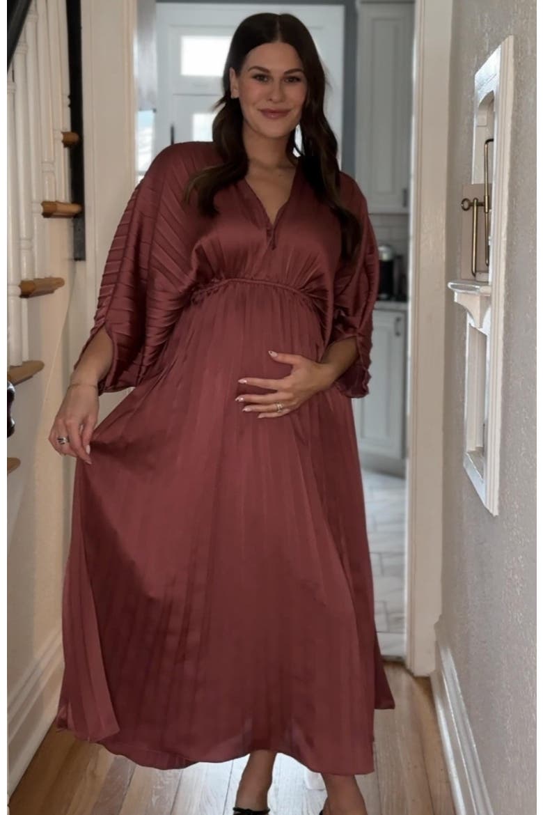 Satin Pleated V-Neck Maxi Dress