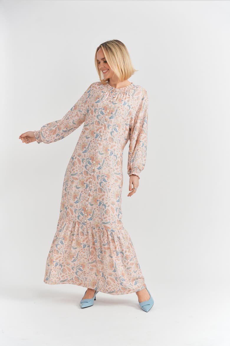 Floral Smocked Mock Neck Belted Tiered Dress