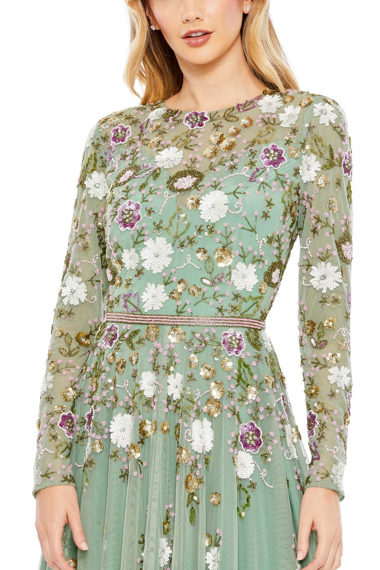 Sequined Floral Long Sleeve High Neck Midi Dress