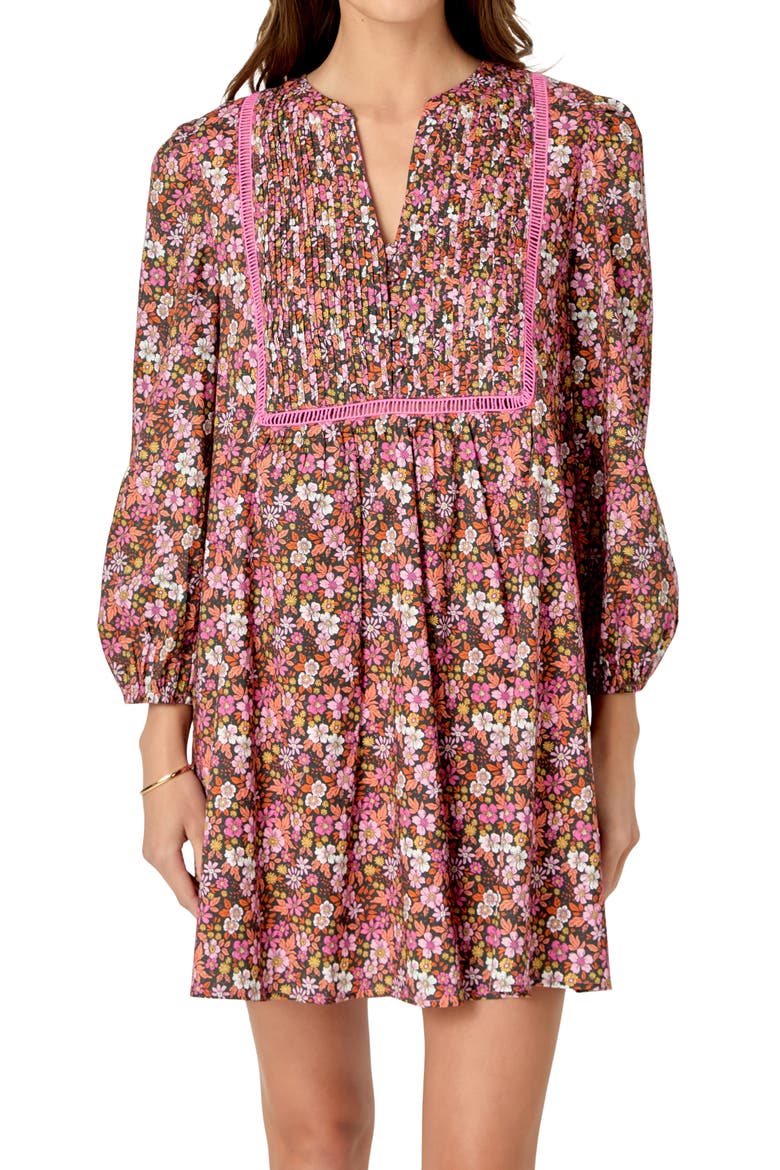 Floral Print Pintuck Cotton Minidress