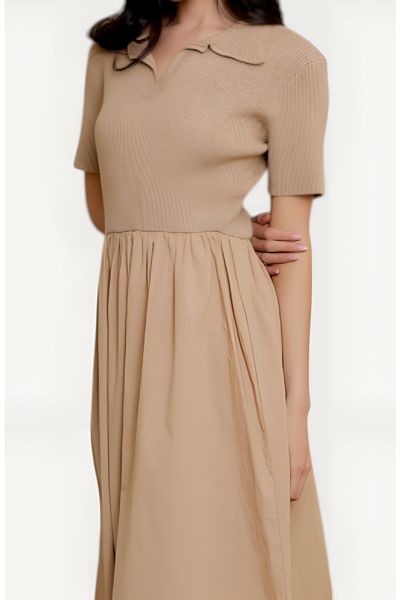 Polo Collar Short-Sleeve Gathered A-Line Midi Sweater Dress