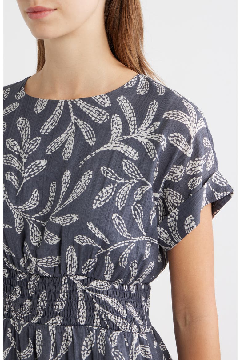 Leaf Print Smock Waist Midi Dress