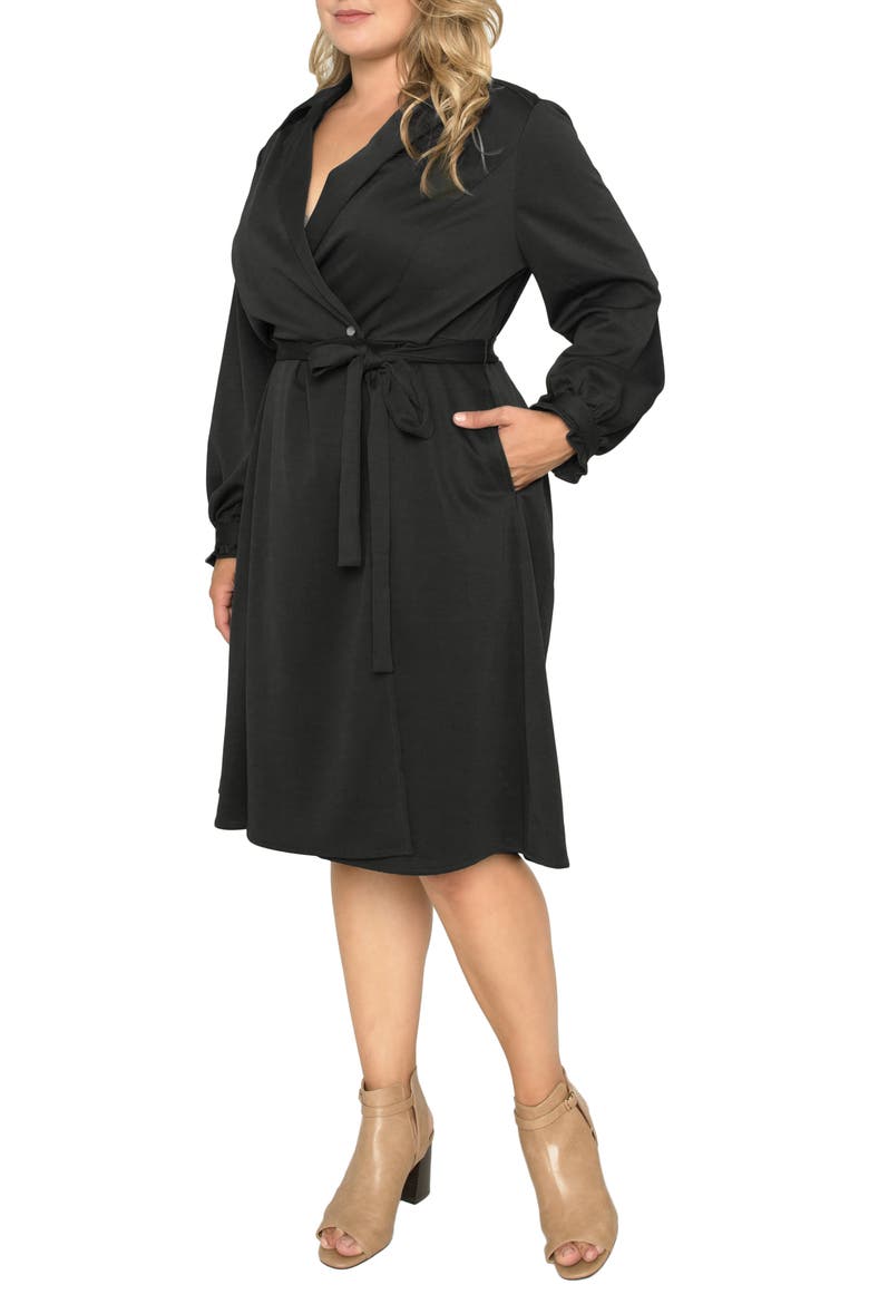 Notched Lapel Long Sleeve Crepe Wrap Dress