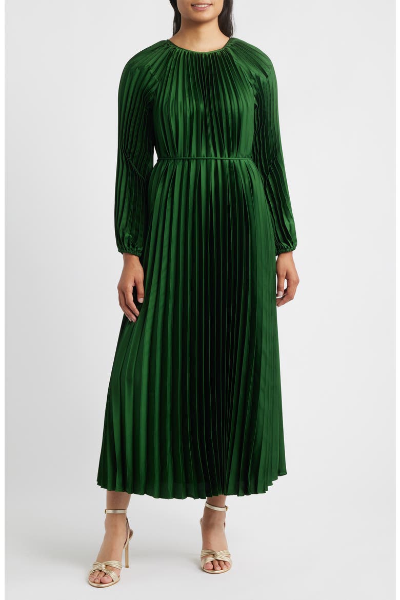 Pleated Long Sleeve Satin Midi Dress