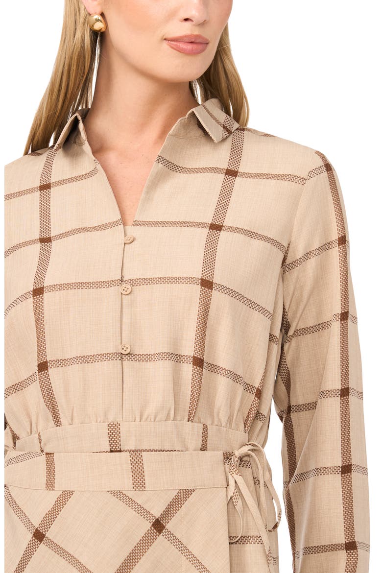 Windowpane Plaid Long Sleeve Wrap Skirt Shirtdress