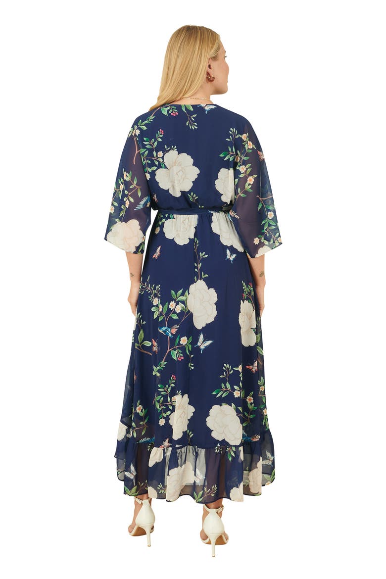 Bird And Floral Print Midi Wrap Dress