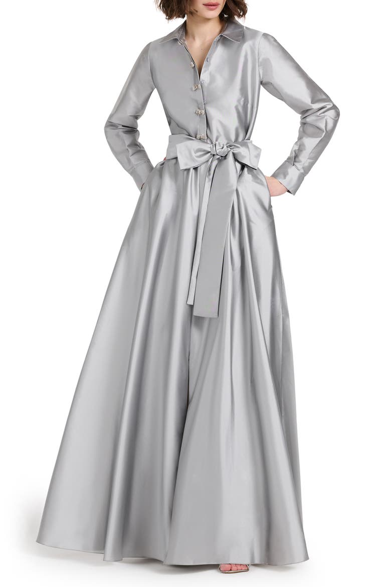 Crystal Bow Button Long Sleeve Taffeta A-Line Gown