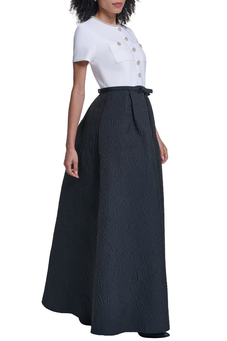Mixed Media Short Sleeve A-Line Gown