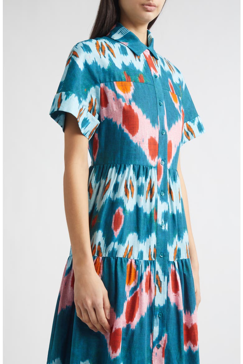 Ikat Print Tiered Cotton Sateen Midi Shirtdress
