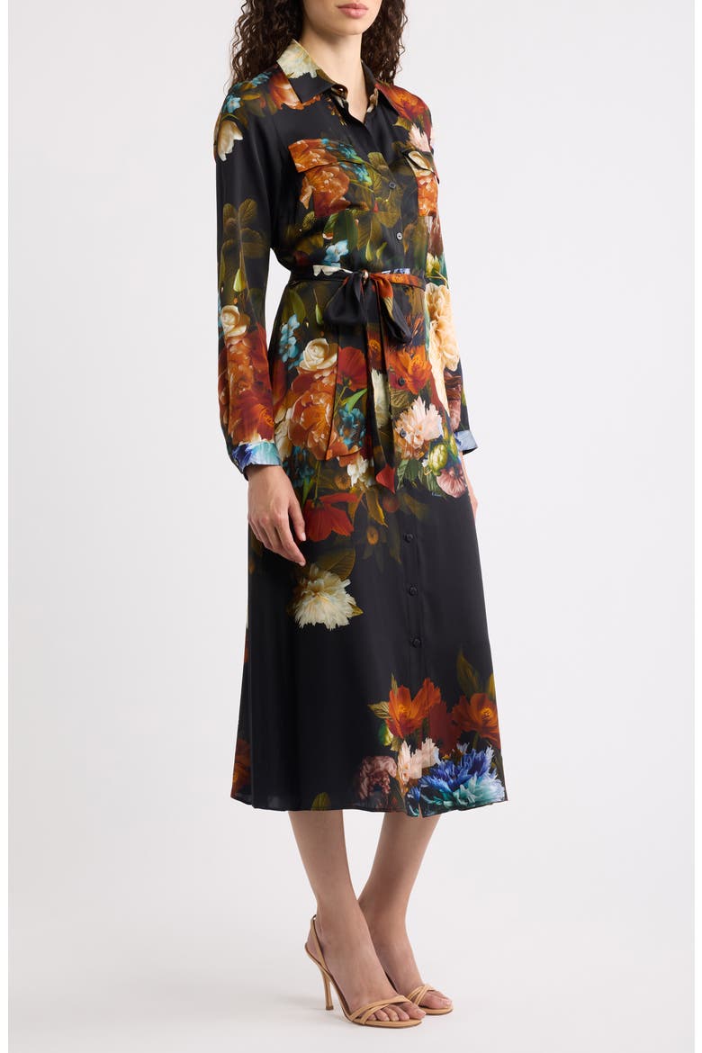 The Kataleya Floral Long Sleeve Stretch Silk Midi Shirtdress