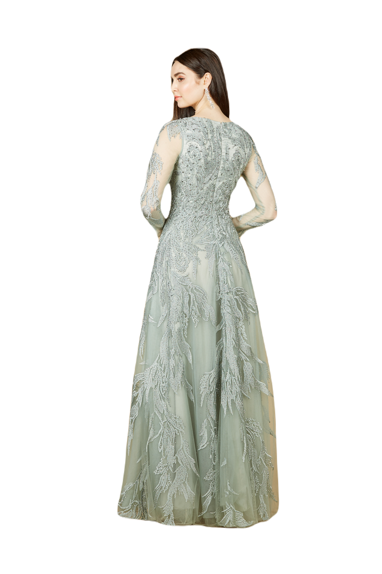 Long Sleeve Lace Ballgown with V-Neck