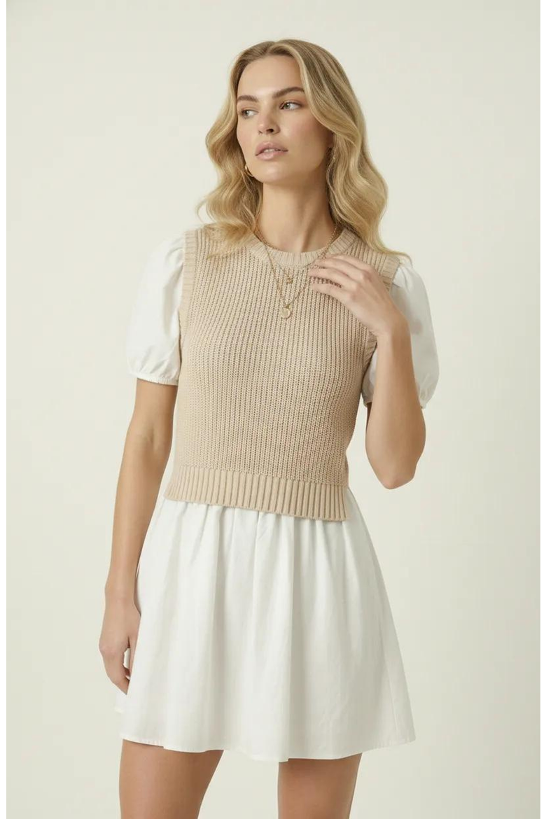 Ribbed Sleeveless Sweater Dress with Puff Sleeves