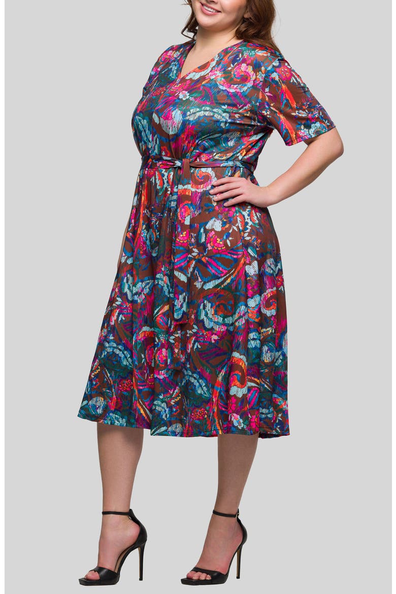 Abstract Floral Tie Waist Knit Midi Dress