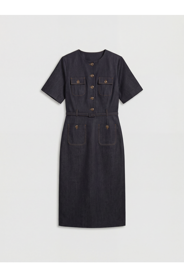 Tailored Denim Belted Midi Dress