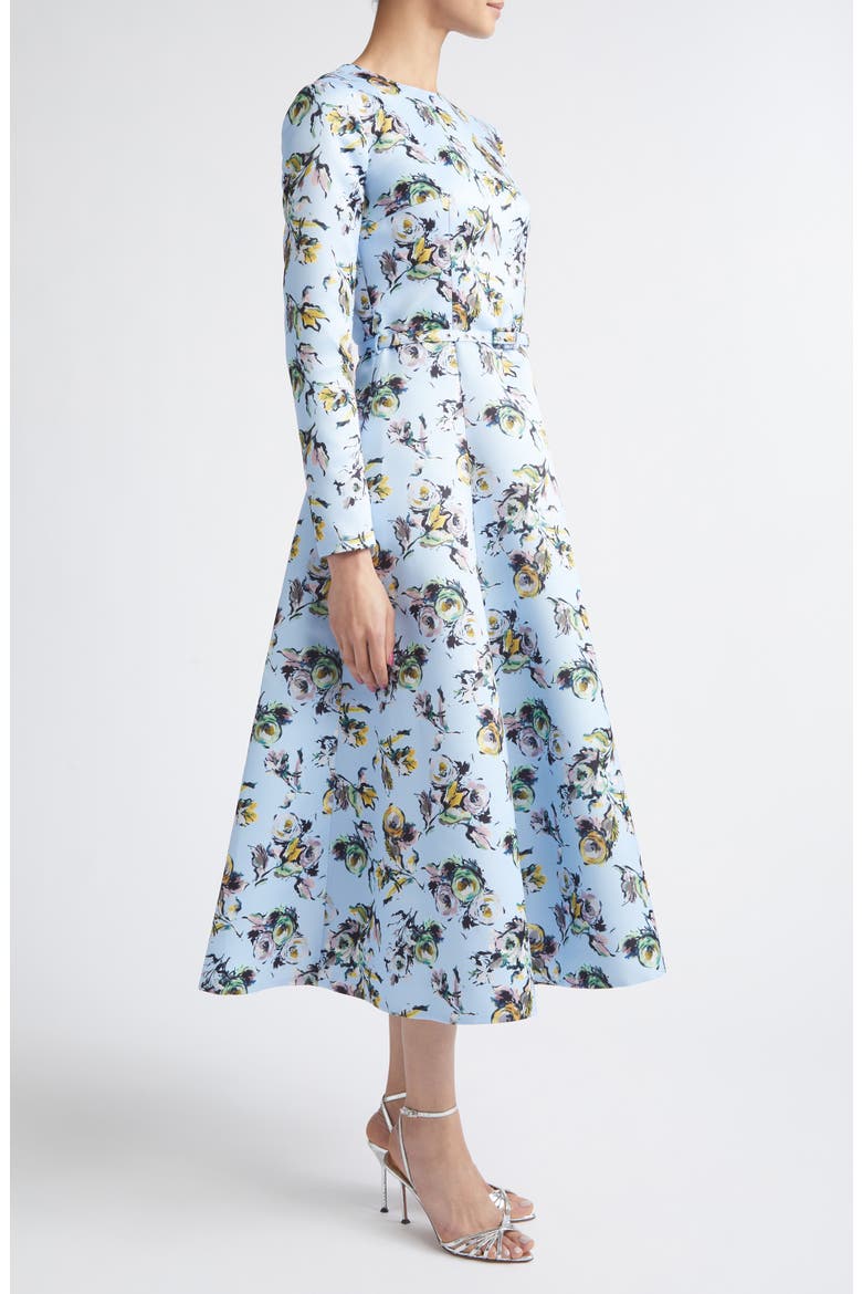 Capucine Floral Long Sleeve Belted Genzianella Sateen Midi Dress